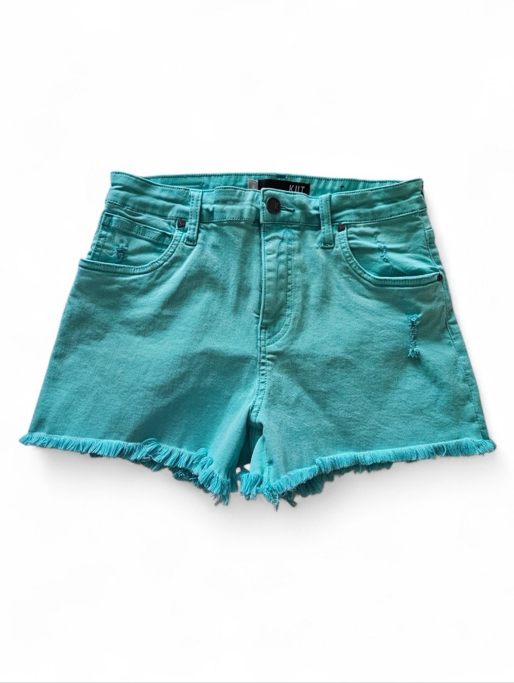 Kut From The Kloth Jane High Rise Turquoise Denim Shorts Frayed Hem Size 4